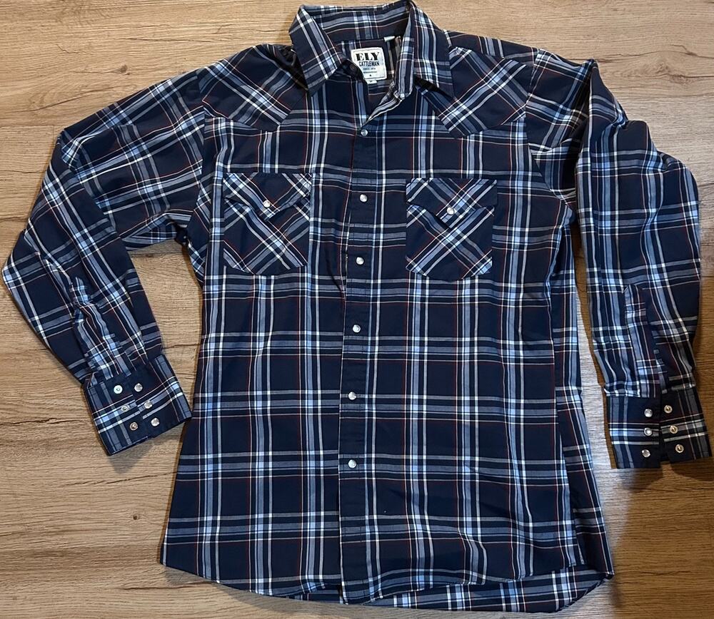 Ely Cattleman Mens M Blue Plaid Western Pearl Snap Shirt Long Sleeve Cowboy